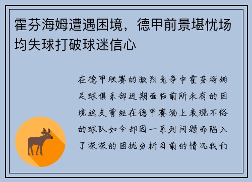 霍芬海姆遭遇困境，德甲前景堪忧场均失球打破球迷信心